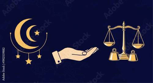 Islamic crescent moon with stars open hand and scales of justice symbolizing balance and harmony in a dark blue background