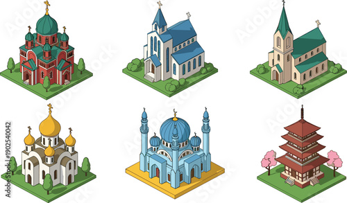 Religious buildings illustration set, church cathedral mosque temple icons, spiritual architecture collection, worship landmarks vector, faith culture monuments design