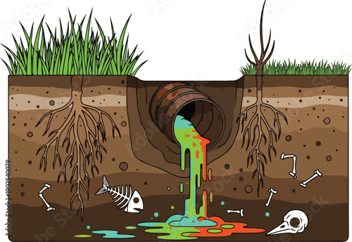 Polluted water flowing from a drain into the ground, contaminating soil and water with toxic chemicals