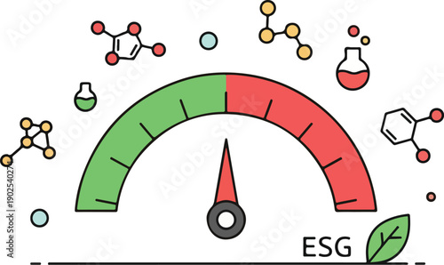 Sustainability gauge with ESG indicator and molecular structures in a scientific illustration