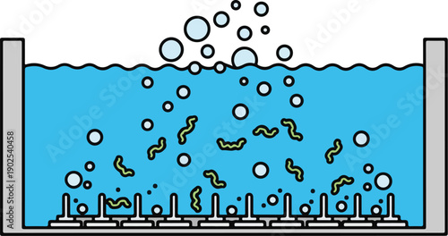 Illustration of microorganisms rising through a liquid layer in a container, showcasing bacterial activity and fermentation process