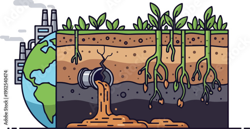 Industrial waste pouring into the soil, contaminating plants and the earth's surface, viewed from a cutaway section