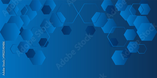Abstract geometric hexagon shapes on blue background. Modern hexagonal pattern design elements. Medical, technology and science concept. Space for your text. eps10