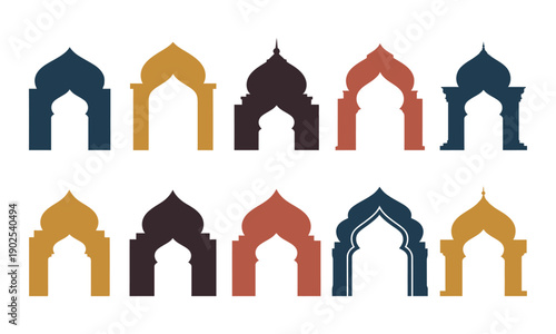 Islamic mosque arch window silhouette set in earthy colors for ramadan kareem greeting cards and traditional arabic invitation design elements