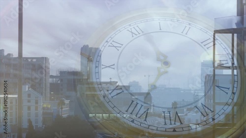 Translucent clock sweeping as moon shifting triggers sun rising, showing time passing over skyline