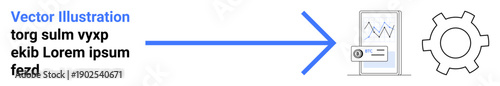 Text content linked by an arrow to a smartphone displaying analytics graphs and gear symbol. Ideal for automation, data analysis, mobile integration, digital solutions, technology, process