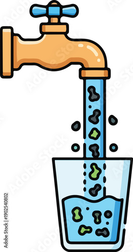 Illustration of a faucet pouring contaminated water into a glass, viewed from the side