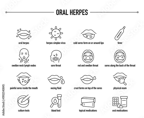 Oral Herpes symptoms, diagnostic and treatment vector icon set