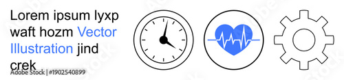 Time management, health tracking, technical services, efficiency, workflow optimization, and productivity. Clock, heartbeat and gear icon displayed. Time management and health tracking concept