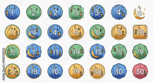 Collection of colorful icons with numbers on white background various shapes and sizes digital illustration modern design elements