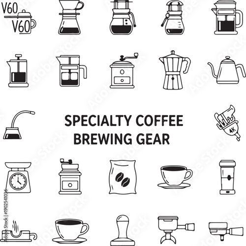 Specialty Coffee Brewing Gear Line Icons Vector Set