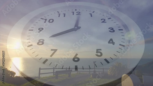 Moon fading into dawn initiating clock hands rotating over coastal bench, showing time passing