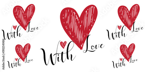 Creative concept of Happy Valentines Day card. Modern abstract art design with hand drawn red heart and text -with love. Template for celebration, ads, branding, banner, cover, label, poster, sales.