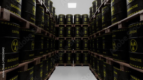 3D Render of Industrial Warehouse Storing Radioactive Waste Barrels on Pallets