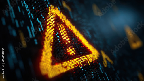 Cyber security warning sign digital screen red triangle error alert data breach hacked website online risk dark background glowing pixel cyber