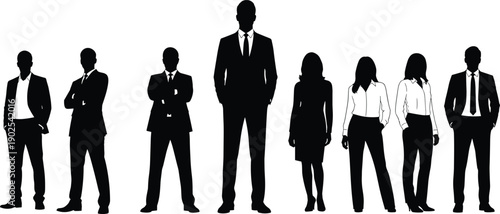 Group of business people in formal attire standing in a row silhouette
