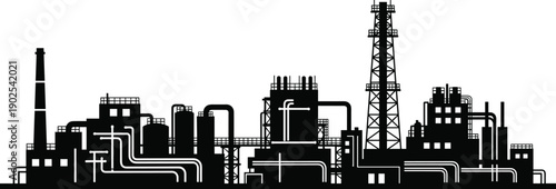 Industrial factory complex with oil refinery and pipelines in and