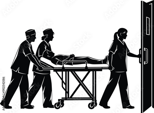 Medical team pushing patient on stretcher through doorway hospital healthcare