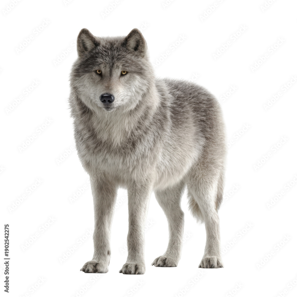 Obraz premium Majestic gray wolf standing alert isolated on transparent background, looking forward