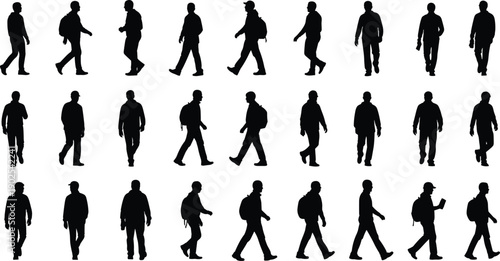 Set of silhouette people walking and standing in different poses