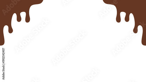 Melted chocolate or syrup drips isolated on a white background. Flowing liquid chocolate border element. A sweet brown syrup or sauce that melts and drips.