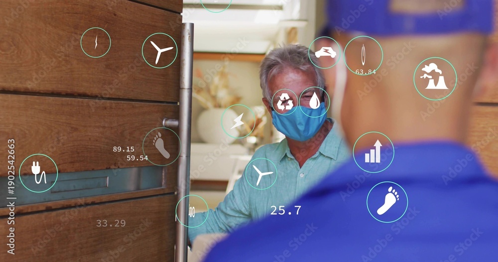 Obraz premium Senior in green shirt, mask gripping wooden handle talking with polo worker at entryway, HUD icons