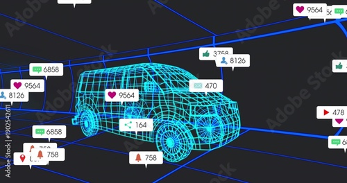 Displaying cyan-blue wireframe van model rotating in dark grid, with floating icon bubbles