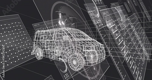 Displaying wireframe SUV model rotating in virtual CAD workspace, with translucent UI overlays