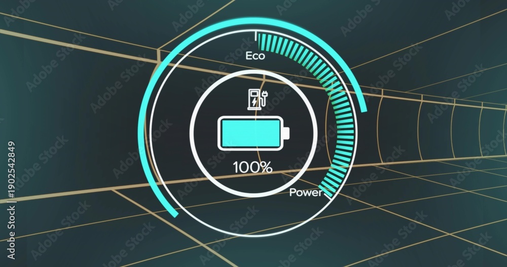 Fototapeta premium Displaying centered battery gauge in dark teal tunnel showing 100% charge, charging plug, Eco Power