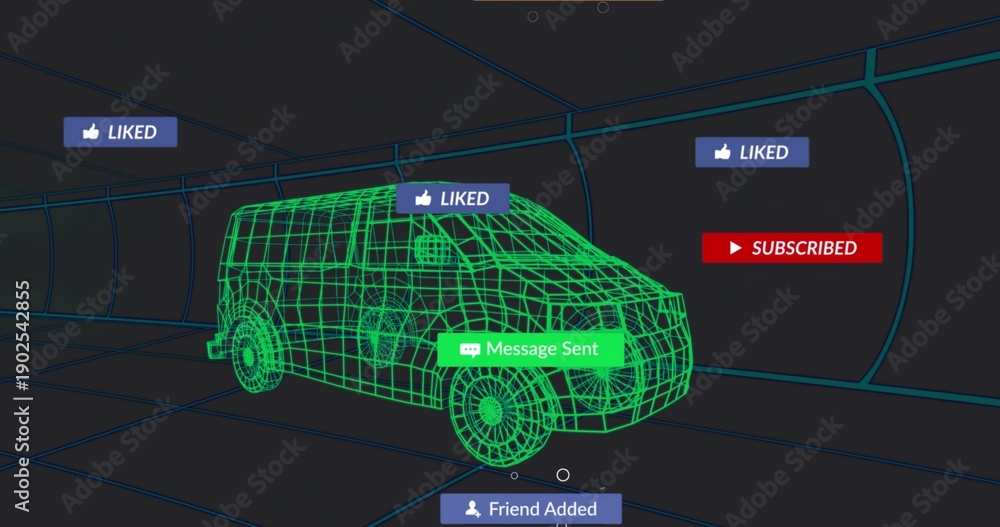 Fototapeta premium Displaying neon-green wireframe van driving in virtual tunnel with teal grid, showing LIKED badges