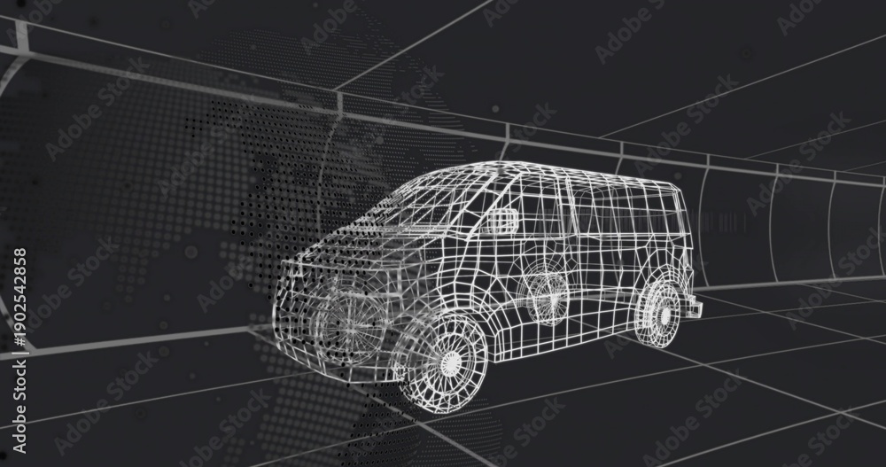 Fototapeta premium Rotating wireframe compact van model on tiled floor grid in curved tunnel studio, with data nodes