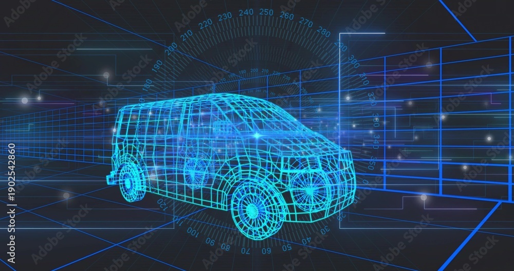 Fototapeta premium Rendering cyan blue wireframe van model rotating in virtual CAD environment, showing HUD overlays