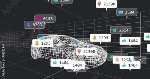 Showing wireframe car model in virtual grid space, with floating notification bubbles and callouts