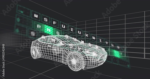 Rendering white wireframe sedan model rotating on perspective grid, with glowing keyboard panel