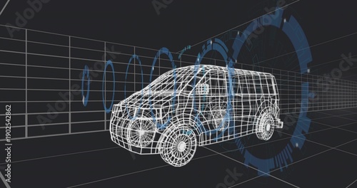 Displaying wireframe compact van model rotating in virtual studio, with blue HUD rings and grid