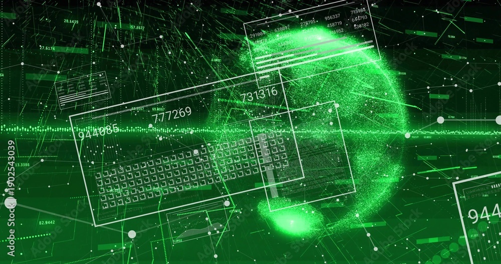 Fototapeta premium Pulsing luminous particle globe sending data in digital cyberspace, with HUD panels and key matrix