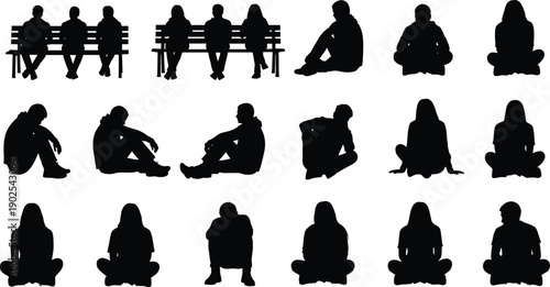 Silhouettes of people sitting on benches and ground in various poses