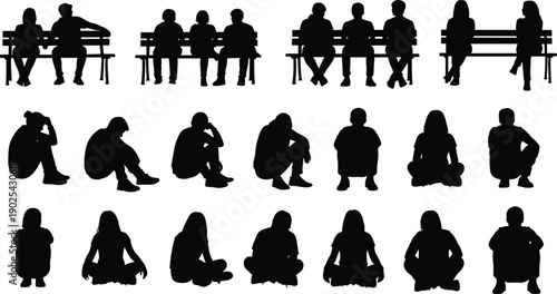 Silhouettes of people sitting on benches and ground in various poses 1