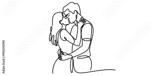 A continuous line art drawing of a loving couple embracing and sharing a tender kiss Vector, illustration