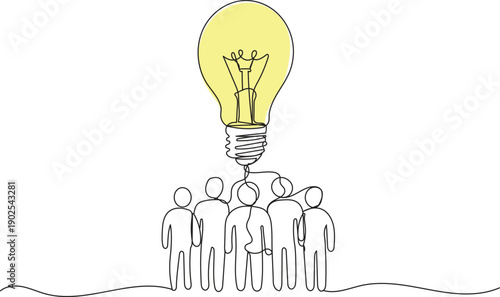 Teamwork brainstorming concept with light bulb and group of people in one line