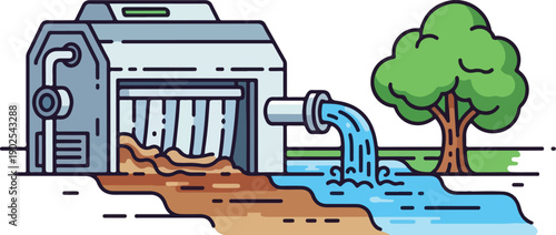 Industrial pollution from a factory releasing toxic waste into a nearby river, harming the environment and a green tree