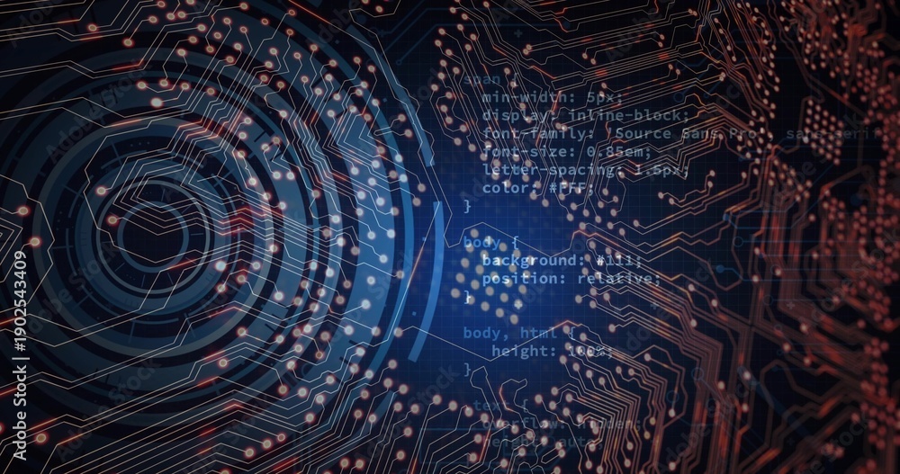 Obraz premium Showing PCB circuit pattern glowing in cyber schematic, with concentric rings, pads and code