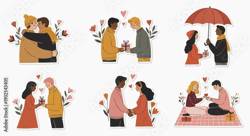 Couple illustrations showcasing various romantic moments and gestures with flowers and picnic in soft pastel colors