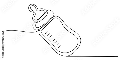 A single line drawing of a baby bottle tilted at an angle, representing continuous growth and care Vector, illustration