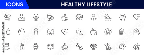 Healthy lifestyle icon set. Contains Icons for diet, exercise, sleep, running, routine, gym, nutrition, cardio exercises, sports supplements, yoga, self-care, culture, and hobbies.