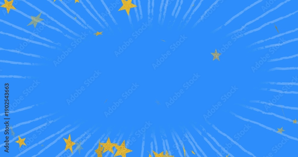 Fototapeta premium Showing center blue oval radiating light-blue rays in festive banner with golden five-pointed stars