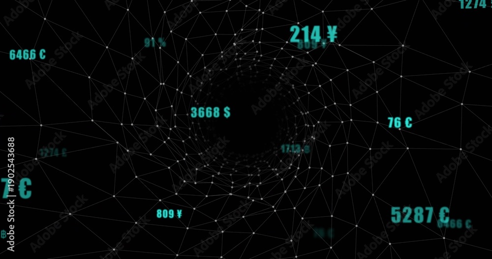 Fototapeta premium Displaying central wireframe tunnel receding into black void in virtual data, with currency labels