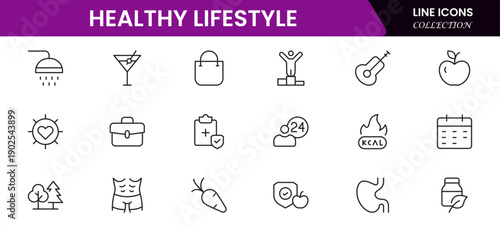 Healthy lifestyle icon set. Contains Icons for diet, exercise, sleep, running, routine, gym, nutrition, cardio exercises, sports supplements, yoga, self-care, culture, and hobbies.