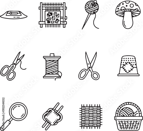 Sewing and Crafting Line Icons Set: Tools, Thread, Yarn, and Weaving