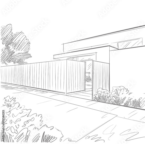 Sketch of a modern house exterior with a long fence and sparse vegetation